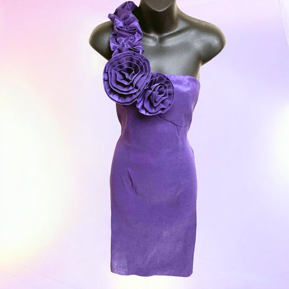 Daisy Royal Purple One Shoulder‎ Flower Accents Midi Dress